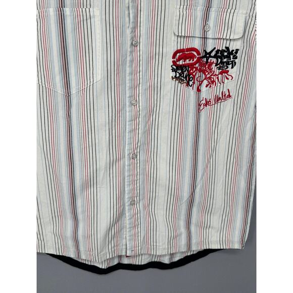 Ecko Unltd Shirt Mens XL Striped Short Sleeve Button Up Graffiti Embroidered Y2k - Picture 3 of 12